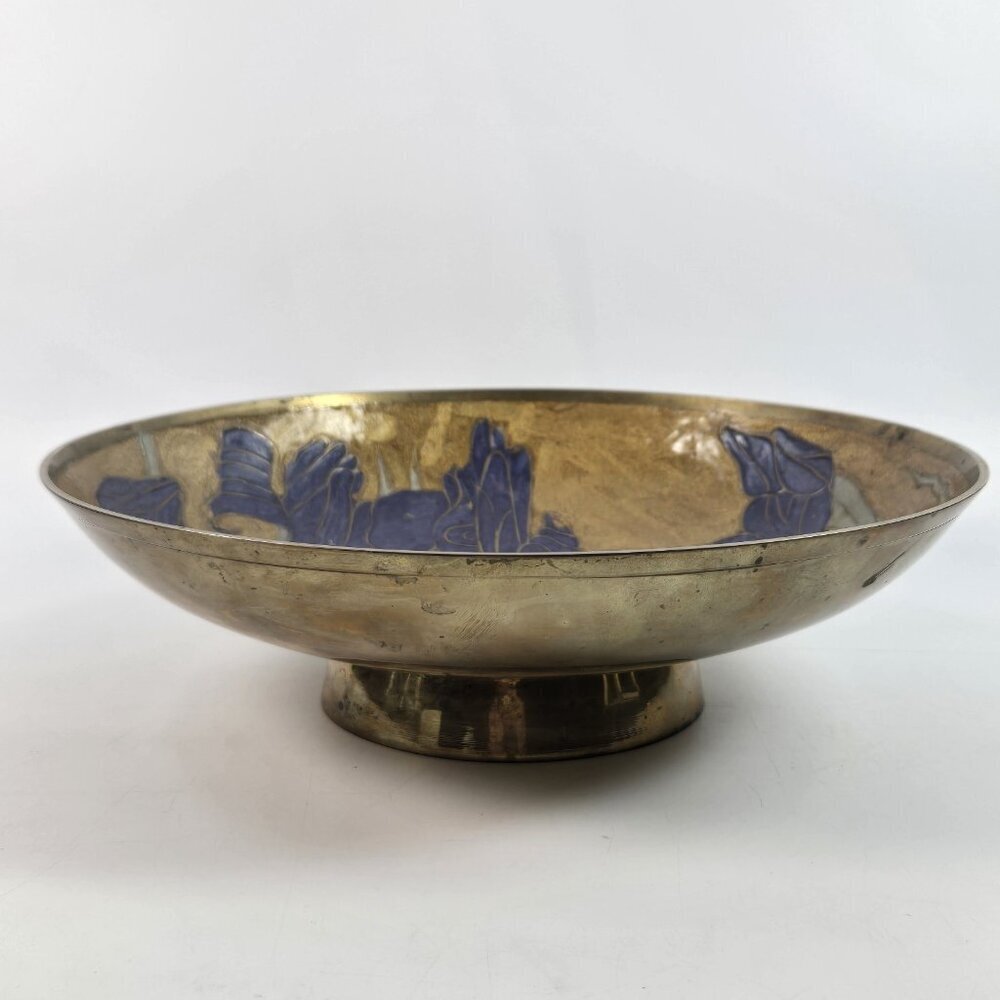 Vintage Enameled Brass Shallow Dish Bowl Iris Flowers